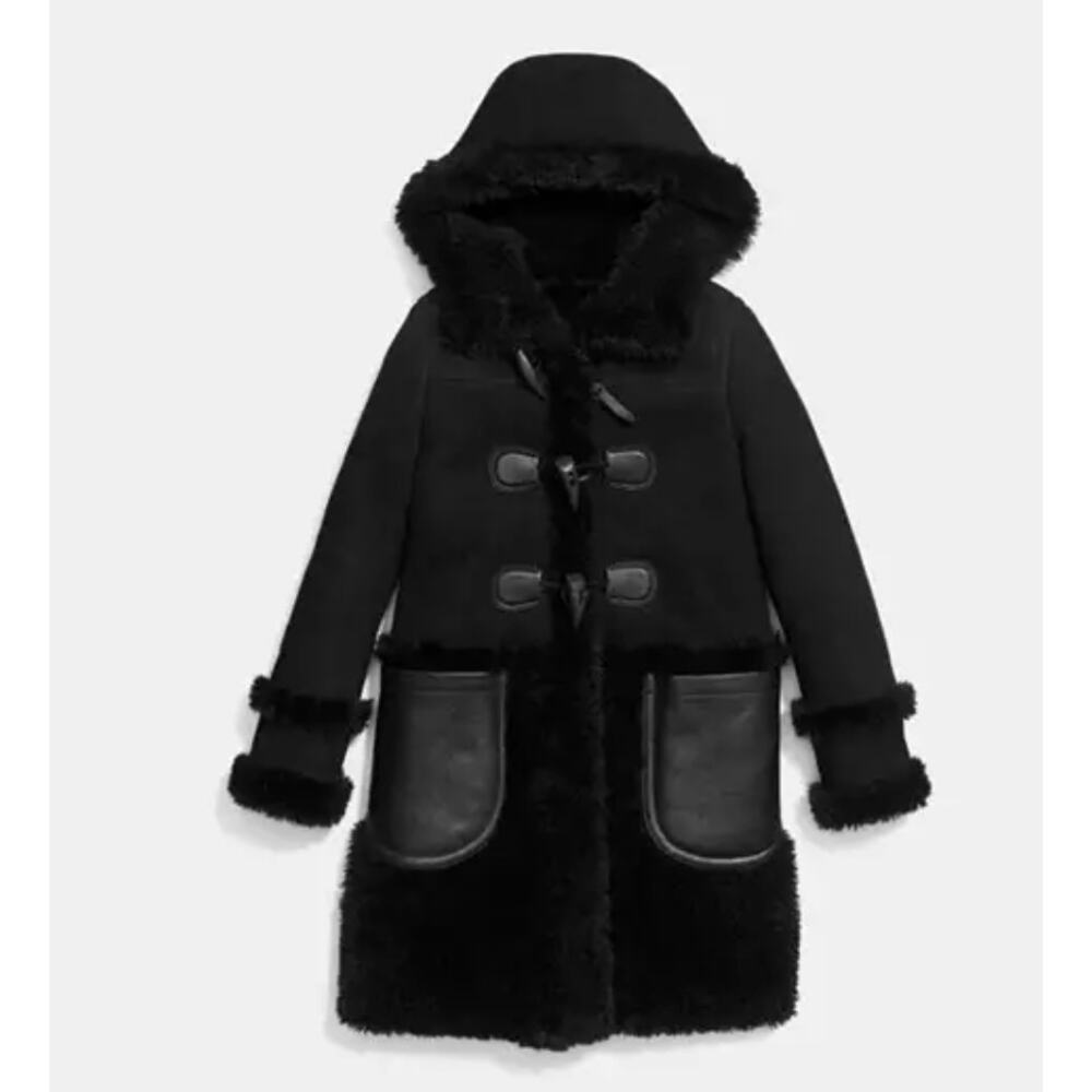 COACH Fall 2015 Sheepskin‎ Duffle Coat M Black Hooded Winter Jacket
